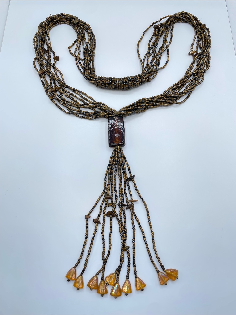 Boho Multi Strand Beaded Statement Tassel Necklace Orange Glass Gold Silver Tone
